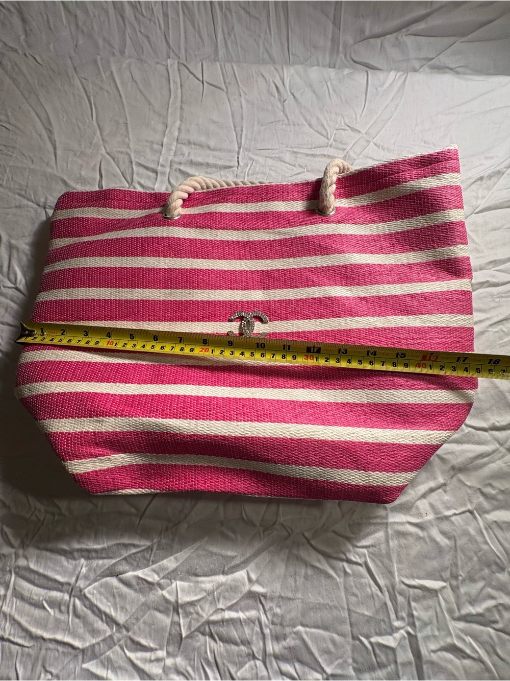 CC Striped Pink and White Rope-Handle Beach Tote